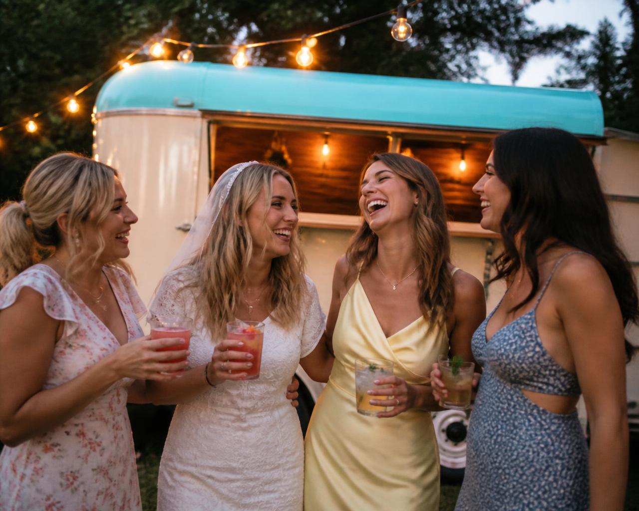 Bride and friends laughing with cocktails in front of the cream trailer bar with its turquoise roof